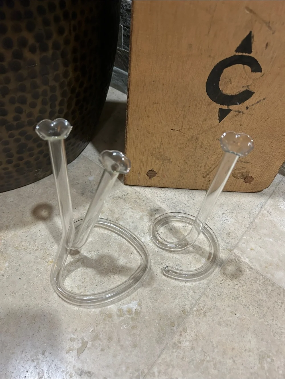 2 vintage hand-blown glass double cylinder twisted infinity tube bud vases